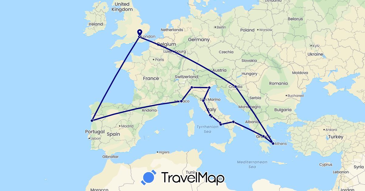 TravelMap itinerary: driving in France, United Kingdom, Greece, Croatia, Italy, Portugal, Vatican City (Europe)