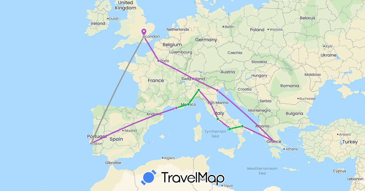 TravelMap itinerary: driving, bus, plane, train, boat in Switzerland, France, United Kingdom, Greece, Italy, Monaco, Portugal, Vatican City (Europe)